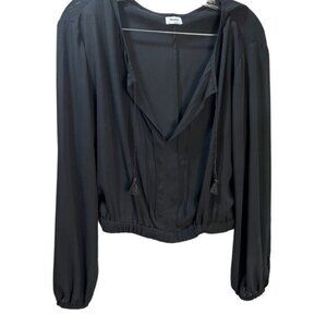 NEW Black V‎ Neck Tie-Front Raglan Sleeve Top Medium